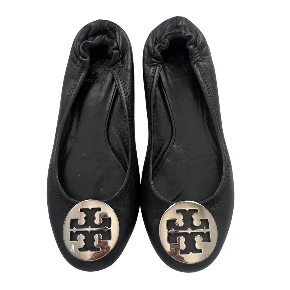 Tory Burch Classic Minnie Leather Travel Ballet Flat Black and Silver Size 7